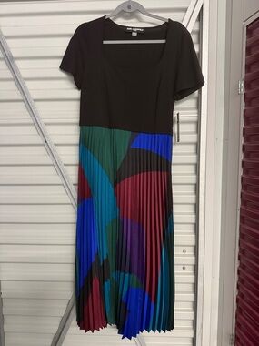 Karl Lagerfeld Black Bodice Multicolor Pleated Midi Dress